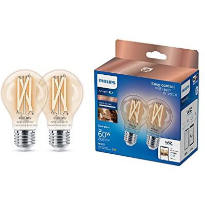 Philips Smart Lighting, smart LED A60-glödlampa med glödtråd, 2-pack, E27-sockel, 806 lm, vitt ljus 2 200–6 500 K, dimbar till låg nivå, ansluten via WiZ, Alexa, Google Home, Apple Home Philips Smart Lighting, smart LED A60-glödlampa med glödtråd, 2-pack, E27-sockel, 806 lm, vitt ljus 2 200–6 500 K, dimbar till låg nivå, ansluten via WiZ, Alexa, Google Home, Apple Home
