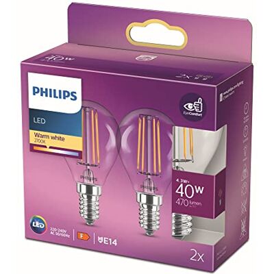 Philips Classic LED-ljuskälla, 40W, E14, P45, Klart glas, varmvitt ljus, 2700 kelvin, 15 000 timmar, Ej dimbar, 2-pack Philips Classic LED-ljuskälla, 40W, E14, P45, Klart glas, varmvitt ljus, 2700 kelvin, 15 000 timmar, Ej dimbar, 2-pack