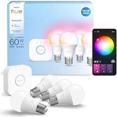 Philips Essential startpaket: Hue Bridge + 4 Essential E27 smart glödlampa, White and Color led-lampa, Smart belysning som fungerar med Alexa, Google Assistant, Samsung SmartThings, Apple Home Bridge ingår, A60 anslutna glödlampor, E27-bas, vitt och fär Philips Essential startpaket: Hue Bridge + 4 Essential E27 smart glödlampa, White and Color led-lampa, Smart belysning som fungerar med Alexa, Google Assistant, Samsung SmartThings, Apple Home Bridge ingår, A60 anslutna glödlampor, E27-bas, vitt och fär