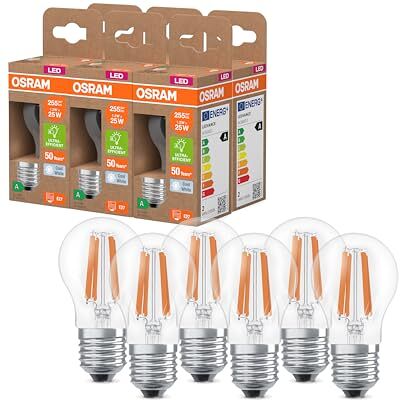 OSRAM LED-lampa i klassisk minikulform, med dekorativ LED-tråd, energieffektivitetsklass A, E27, 1,2 W, 255 lm, 4000 K, kallvit. Utan uppvärmning, 6-pack OSRAM LED-lampa i klassisk minikulform, med dekorativ LED-tråd, energieffektivitetsklass A, E27, 1,2 W, 255 lm, 4000 K, kallvit. Utan uppvärmning, 6-pack
