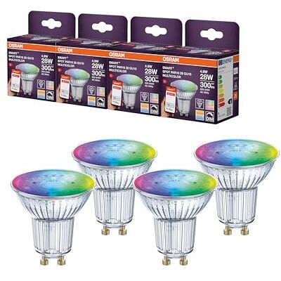 OSRAM SMART Zigbee reflektorlampa PAR16 transparent dimbar blyfritt glas 4,9 W RGBB GU10, IP20-skydd, för privat och professionell, 4-pack OSRAM SMART Zigbee reflektorlampa PAR16 transparent dimbar blyfritt glas 4,9 W RGBB GU10, IP20-skydd, för privat och professionell, 4-pack