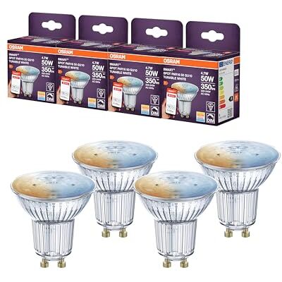 OSRAM SMART Zigbee spot PAR16 transparent blyfritt glas 4,7 W TW dimbar GU10, IP20-skydd, privat och kommersiellt bruk, 4-pack OSRAM SMART Zigbee spot PAR16 transparent blyfritt glas 4,7 W TW dimbar GU10, IP20-skydd, privat och kommersiellt bruk, 4-pack