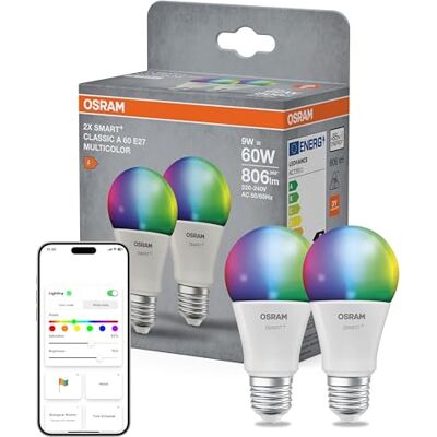 OSRAM SMART+ lampa, Matter via WiFi, 2 st, E27, 9W, 16 milj färger, 2700–6500K, fungerar med Alexa, Google, Apple OSRAM SMART+ lampa, Matter via WiFi, 2 st, E27, 9W, 16 milj färger, 2700–6500K, fungerar med Alexa, Google, Apple