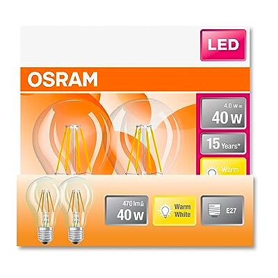 OSRAM LED-stjärna Classic A40 LED-lampa för E27-uttag, päronform, fil, 470 lumen, varm vit (2700K), ersättning för konventionella 40W-glödlampor, inte dimbar, 2-pack OSRAM LED-stjärna Classic A40 LED-lampa för E27-uttag, päronform, fil, 470 lumen, varm vit (2700K), ersättning för konventionella 40W-glödlampor, inte dimbar, 2-pack