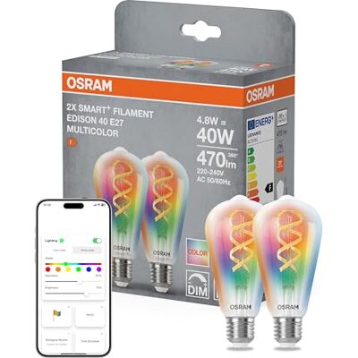 OSRAM SMART+ RGB Edisonlampa, Matter via WiFi, 2 st, E27, 5W, 16 milj färger, 2700–6500K, fungerar med Alexa, Google, Apple OSRAM SMART+ RGB Edisonlampa, Matter via WiFi, 2 st, E27, 5W, 16 milj färger, 2700–6500K, fungerar med Alexa, Google, Apple