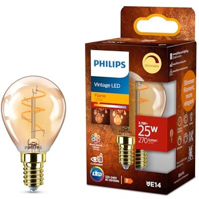 Philips Vintage Amber Spiral P45 Glödlampa, dimbar, flimmerfri, EyeComfort, 270 Lumen, Flame (2200 K), 3,1 W=25 W, E14-sockel, 1-pack Philips Vintage Amber Spiral P45 Glödlampa, dimbar, flimmerfri, EyeComfort, 270 Lumen, Flame (2200 K), 3,1 W=25 W, E14-sockel, 1-pack