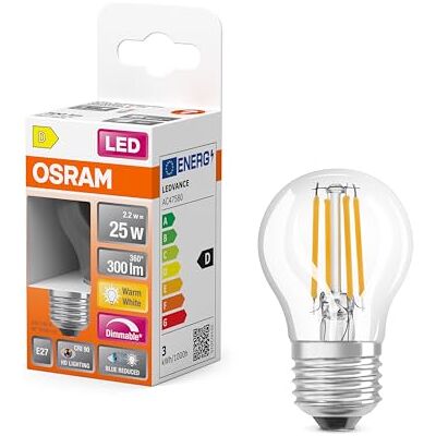 OSRAM SUPERSTAR+ CLASSIC P FIL 25 LED-lampa, E27, minikula, 2,2W, 300lm, 2700K, varmvitt ljus, kraftigt reducerad blå komponent, låg ögonbelastning, dimbar, låg energiförbrukning OSRAM SUPERSTAR+ CLASSIC P FIL 25 LED-lampa, E27, minikula, 2,2W, 300lm, 2700K, varmvitt ljus, kraftigt reducerad blå komponent, låg ögonbelastning, dimbar, låg energiförbrukning