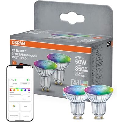 OSRAM SMART+ RGB PAR15 reflektorlampa, Matter via WiFi, 2 st, GU10, 5W, 16 milj färger, 2700–6500K, fungerar med Alexa, Google, Apple OSRAM SMART+ RGB PAR15 reflektorlampa, Matter via WiFi, 2 st, GU10, 5W, 16 milj färger, 2700–6500K, fungerar med Alexa, Google, Apple