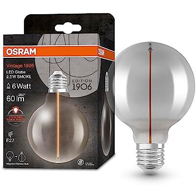 OSRAM Vintage 1906® Classic Globe95 FIL LED-lampa, E27, sfärisk, rök, 2,2W, 60lm, 1800K, varmvit komfortljusfärg, mycket låg energiförbrukning, lång livslängd, magnetisk glödtråd OSRAM Vintage 1906® Classic Globe95 FIL LED-lampa, E27, sfärisk, rök, 2,2W, 60lm, 1800K, varmvit komfortljusfärg, mycket låg energiförbrukning, lång livslängd, magnetisk glödtråd