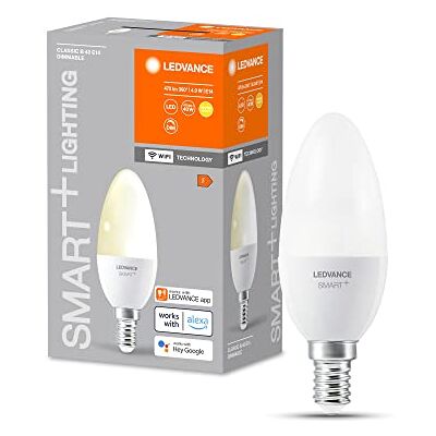 LEDVANCE SMART+ WIFI LED-lampa, frostat utseende, 4,9W, 470lm, ljusform (Classic B), E14 bas, varmvitt ljus vid 2700K, dimbar, app eller röststyrning, livslängd på upp till 20 000 timmar LEDVANCE SMART+ WIFI LED-lampa, frostat utseende, 4,9W, 470lm, ljusform (Classic B), E14 bas, varmvitt ljus vid 2700K, dimbar, app eller röststyrning, livslängd på upp till 20 000 timmar