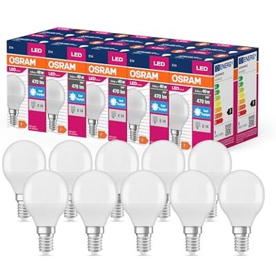 OSRAM LED-stjärnvärde Klassisk P40 LED-lampa för E14-uttag, droppform, FR, 470 lumen, dagsljusvitt (6500K), ersättning för konventionella 40W-glödlampor, inte dimbara, 10-pack OSRAM LED-stjärnvärde Klassisk P40 LED-lampa för E14-uttag, droppform, FR, 470 lumen, dagsljusvitt (6500K), ersättning för konventionella 40W-glödlampor, inte dimbara, 10-pack