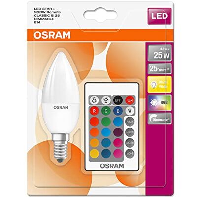 OSRAM LED Star + Classic B RGBW LED-lampa i ljusform med E14 bas / dimbar och fjärrstyrd färgändring / ersättning för 25 watt/varmt vit 2700 Kelvin / förpackning med 1 OSRAM LED Star + Classic B RGBW LED-lampa i ljusform med E14 bas / dimbar och fjärrstyrd färgändring / ersättning för 25 watt/varmt vit 2700 Kelvin / förpackning med 1
