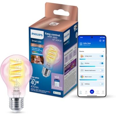 Philips Smart Lighting, smart LED RGB A60-lampa, E27-sockel, 470 lm, färg och justerbart vitt ljus 2 200–6 500 K, låg dimbarhet, ansluten via WiZ, Alexa, Google Home, Apple Home Philips Smart Lighting, smart LED RGB A60-lampa, E27-sockel, 470 lm, färg och justerbart vitt ljus 2 200–6 500 K, låg dimbarhet, ansluten via WiZ, Alexa, Google Home, Apple Home