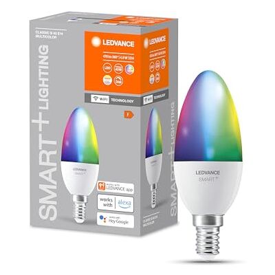 LEDVANCE SMART+ WIFI LED-lampa, frostat utseende, 4,9W, 470lm, klassisk ljusform (Classic B), E14-sockel, färgljus & vitt ljus, app eller röststyrning, livslängd på upp till 20 000 timmar LEDVANCE SMART+ WIFI LED-lampa, frostat utseende, 4,9W, 470lm, klassisk ljusform (Classic B), E14-sockel, färgljus & vitt ljus, app eller röststyrning, livslängd på upp till 20 000 timmar