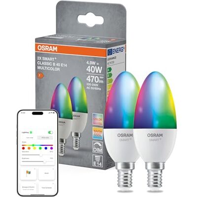 OSRAM SMART+ stearinljuslampa, Matter via WiFi, 2 st, E14, 9W, 16 milj färger, 2700–6500K, fungerar med Alexa, Google, Apple OSRAM SMART+ stearinljuslampa, Matter via WiFi, 2 st, E14, 9W, 16 milj färger, 2700–6500K, fungerar med Alexa, Google, Apple