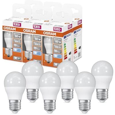 OSRAM LED-stjärna Classic P60 LED-lampa för E27-bas, droppform, FR, 806 Lumen, Cold White (4000K), ersättning för konventionella 60W-glödlampor, inte dimbar, 6-pack OSRAM LED-stjärna Classic P60 LED-lampa för E27-bas, droppform, FR, 806 Lumen, Cold White (4000K), ersättning för konventionella 60W-glödlampor, inte dimbar, 6-pack