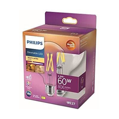 Philips Classic: LED ljuskälla, 60W, E27, G93, Klart glas, varmvitt ljus, 2700 kelvin, dimbar Philips Classic: LED ljuskälla, 60W, E27, G93, Klart glas, varmvitt ljus, 2700 kelvin, dimbar