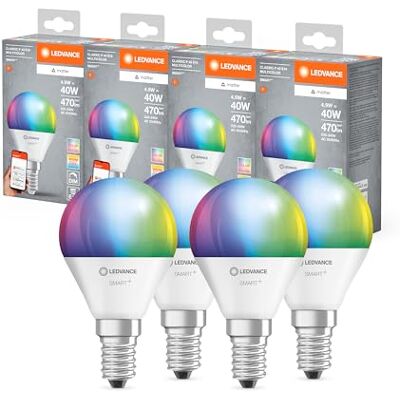 LEDVANCE SMART+ MATTER LED-ljuskälla, kompatibel med Google, Alexa, Apple, vit frostad, 4,9W, 470lm, E14 sockel, färgljus, vitt ljus, app eller röststyrning, livslängd upp till 20 000 timmar,4-pack LEDVANCE SMART+ MATTER LED-ljuskälla, kompatibel med Google, Alexa, Apple, vit frostad, 4,9W, 470lm, E14 sockel, färgljus, vitt ljus, app eller röststyrning, livslängd upp till 20 000 timmar,4-pack