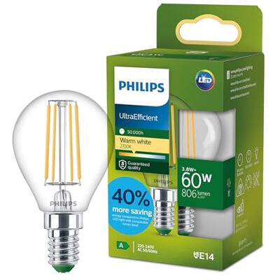 Philips LED UltraEfficient klar P45 ljuskälla, E14 sockel, energiklass A, 806 lm, 60W ekvivalent, varmvit (2700K), EyeComfort, 50 000 timmar, 1 förpackning Philips LED UltraEfficient klar P45 ljuskälla, E14 sockel, energiklass A, 806 lm, 60W ekvivalent, varmvit (2700K), EyeComfort, 50 000 timmar, 1 förpackning