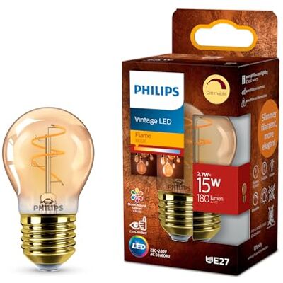 Philips Vintage Amber Spiral P45 Glödlampa, dimbar, flimmerfri, EyeComfort, 180 Lumen, Flame (1800 K), 2,7 W=15 W, E27-sockel, 1-pack Philips Vintage Amber Spiral P45 Glödlampa, dimbar, flimmerfri, EyeComfort, 180 Lumen, Flame (1800 K), 2,7 W=15 W, E27-sockel, 1-pack