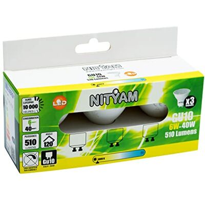 NITYAM 3-pack LED-spotlights 6 W 510 lumen GU10 spotlights, ljusfärg, varmvit, 3 000 K, ljusvinkel 120° NITYAM 3-pack LED-spotlights 6 W 510 lumen GU10 spotlights, ljusfärg, varmvit, 3 000 K, ljusvinkel 120°