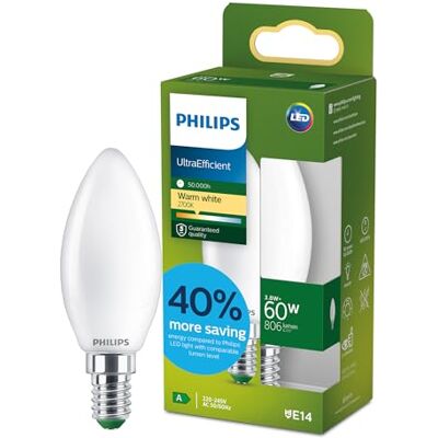 Philips LED UltraEfficient frostad B35 ljuskälla, E14 sockel, energiklass A, 806 lm, 60W ekvivalent, varmvit (2700K), EyeComfort, 50 000 timmar, 1 förpackning Philips LED UltraEfficient frostad B35 ljuskälla, E14 sockel, energiklass A, 806 lm, 60W ekvivalent, varmvit (2700K), EyeComfort, 50 000 timmar, 1 förpackning