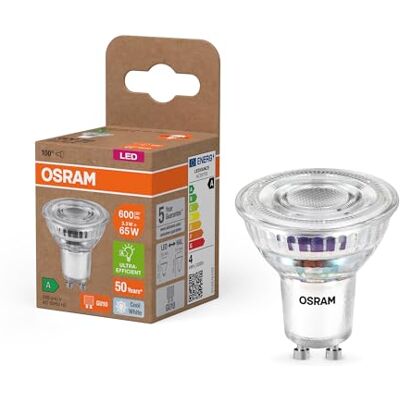 OSRAM Energy Class LED-reflektorlampa PAR16 med 3,3 W, 600 lm, kallvit (4000 K) av blyfritt glas med GU10-sockel i energieffektivitetsklass A, 50 mm diameter, IP20, 6-pack OSRAM Energy Class LED-reflektorlampa PAR16 med 3,3 W, 600 lm, kallvit (4000 K) av blyfritt glas med GU10-sockel i energieffektivitetsklass A, 50 mm diameter, IP20, 6-pack