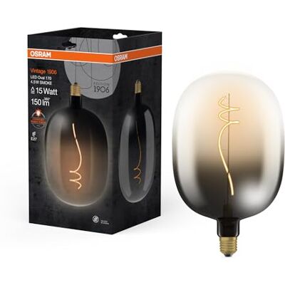 OSRAM Vintage 1906 Big Oval är en varmvit LED-lampa med glödtråd med en speciell glödlampsform. Den erbjuder 4,5 W för 150 lm, E27-sockel, rökdesign, 170 mm diameter, CRI 80, 1800 K. OSRAM Vintage 1906 Big Oval är en varmvit LED-lampa med glödtråd med en speciell glödlampsform. Den erbjuder 4,5 W för 150 lm, E27-sockel, rökdesign, 170 mm diameter, CRI 80, 1800 K.