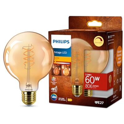 Philips Vintage Amber Spiral G95 Glödlampa, dimbar, flimmerfri, EyeComfort, 806 Lumen, Flame (2200 K), 7,3 W=60 W, E27-sockel, 1-pack Philips Vintage Amber Spiral G95 Glödlampa, dimbar, flimmerfri, EyeComfort, 806 Lumen, Flame (2200 K), 7,3 W=60 W, E27-sockel, 1-pack