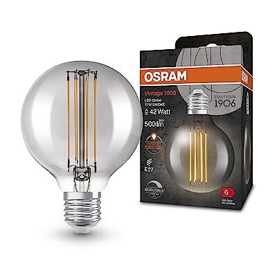 OSRAM DIMMABLE LED -lampor, vintage -utgåva, 42 wattersättning, E27, G80, 1800 Kelvin, varmt komfortljus, klart glas, enstaka förpackning OSRAM DIMMABLE LED -lampor, vintage -utgåva, 42 wattersättning, E27, G80, 1800 Kelvin, varmt komfortljus, klart glas, enstaka förpackning