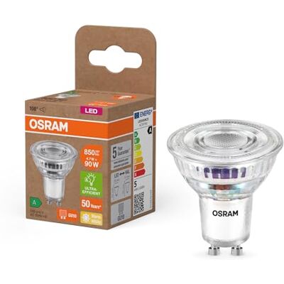 OSRAM Energy Class LED-reflektorlampa PAR16 med 4,7 W, 850 lm, varmvit (2700 K) av klart blyfritt glas med GU10-sockel i energieffektivitetsklass A, 50 mm diameter, IP20,6-pack OSRAM Energy Class LED-reflektorlampa PAR16 med 4,7 W, 850 lm, varmvit (2700 K) av klart blyfritt glas med GU10-sockel i energieffektivitetsklass A, 50 mm diameter, IP20,6-pack