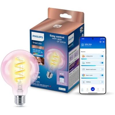 Philips Smart Lighting, Smart LED RGB G95-lampa, E27-sockel, 470 lm, färg och justerbart vitt ljus 2 200–6 500 K, dimbar (låg), ansluten via WiZ, Alexa, Google Home, Apple Home Ställbar vit och färgljus 2200-6500 K, 470 Lm, smart LED-glödlampa, låg dimn Philips Smart Lighting, Smart LED RGB G95-lampa, E27-sockel, 470 lm, färg och justerbart vitt ljus 2 200–6 500 K, dimbar (låg), ansluten via WiZ, Alexa, Google Home, Apple Home Ställbar vit och färgljus 2200-6500 K, 470 Lm, smart LED-glödlampa, låg dimn