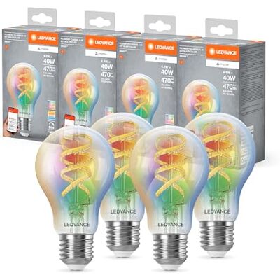 LEDVANCE SMART+ MATTER LED-ljuskälla, kompatibel med Google, Alexa, Apple, klarglas, 4,8W, 470lm, E27 sockel, färgljus & vitt ljus, app eller röststyrning, livslängd upp till 15 000 timmar,4-pack LEDVANCE SMART+ MATTER LED-ljuskälla, kompatibel med Google, Alexa, Apple, klarglas, 4,8W, 470lm, E27 sockel, färgljus & vitt ljus, app eller röststyrning, livslängd upp till 15 000 timmar,4-pack
