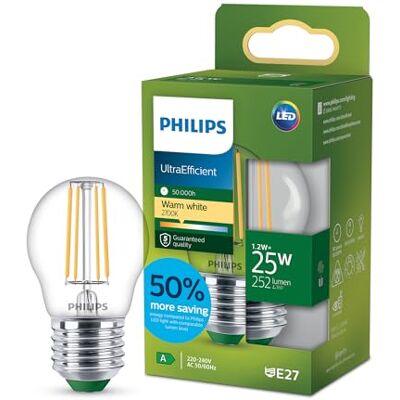 Philips LED UltraEfficient Klar P45 Ljuskälla, E27 Edison skruv, energiklass A, 252 lm, 25W ekvivalent, varmvit (2700K), EyeComfort, 50 000 timmar, 1 st Philips LED UltraEfficient Klar P45 Ljuskälla, E27 Edison skruv, energiklass A, 252 lm, 25W ekvivalent, varmvit (2700K), EyeComfort, 50 000 timmar, 1 st
