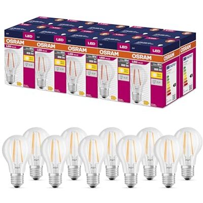 OSRAM LED-stjärnvärde Classic A60 LED-lampa för E27-uttag, päronform, fil, 806 lumen, varm vit (2700K), ersättning för konventionella 60W-glödlampor, inte dimbar, 10-pack OSRAM LED-stjärnvärde Classic A60 LED-lampa för E27-uttag, päronform, fil, 806 lumen, varm vit (2700K), ersättning för konventionella 60W-glödlampor, inte dimbar, 10-pack