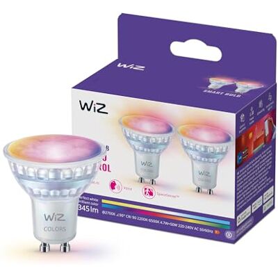 WiZ Color Smart LED Glass GU10 spotlight, full färg och reglerbart vitt ljus, motsvarar 50 W, 2200 K–6500 K, 345 lumen, dimbar, fungerar med Alexa, Google Assistant och Apple Home, 2-pack WiZ Color Smart LED Glass GU10 spotlight, full färg och reglerbart vitt ljus, motsvarar 50 W, 2200 K–6500 K, 345 lumen, dimbar, fungerar med Alexa, Google Assistant och Apple Home, 2-pack