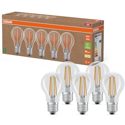 OSRAM Mycket effektiva LED-lampor med energieffektivitetsklass A,Förpackning med 5 lampor, ersätter vanliga 60W glödlampor, varmvit (2700K), E27, filamentglas OSRAM Mycket effektiva LED-lampor med energieffektivitetsklass A,Förpackning med 5 lampor, ersätter vanliga 60W glödlampor, varmvit (2700K), E27, filamentglas