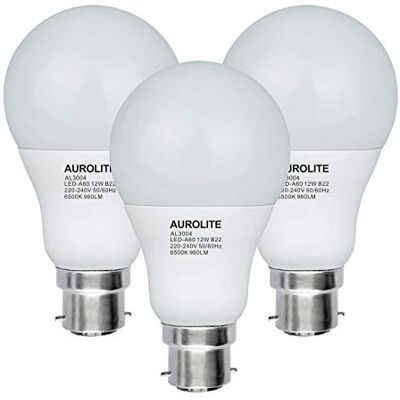 AUROLITE LED-lampa, motsvarar 80 W, A60, 12 W, 3 stycken, ultra ljus 960 lm, B22 6500 K AUROLITE LED-lampa, motsvarar 80 W, A60, 12 W, 3 stycken, ultra ljus 960 lm, B22 6500 K