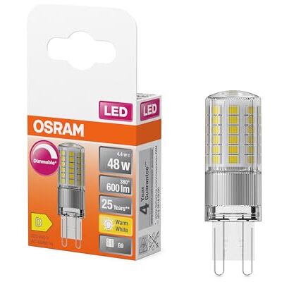 OSRAM LED PIN LED-lampa av klarfärgad plast, med 4,4 W för 600 lm, varmvitt ljus med 2700 K, flerfärgad, eftermonterad sockelsockel G9, CRI 80, EEK D, dimbar, 6-pack OSRAM LED PIN LED-lampa av klarfärgad plast, med 4,4 W för 600 lm, varmvitt ljus med 2700 K, flerfärgad, eftermonterad sockelsockel G9, CRI 80, EEK D, dimbar, 6-pack