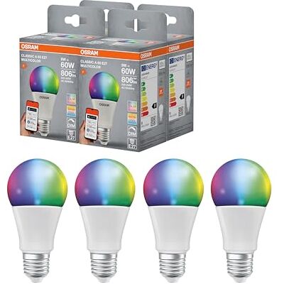 OSRAM SMART+ RGBW, E27 LED-lampa med Matter over Wifi, speciellt utformad för ALEXA enkel installation med ett klick, ersätter 60W, varmvit till kallvit (2700-6500K), 16 miljoner RGB-färger, 4-pack OSRAM SMART+ RGBW, E27 LED-lampa med Matter over Wifi, speciellt utformad för ALEXA enkel installation med ett klick, ersätter 60W, varmvit till kallvit (2700-6500K), 16 miljoner RGB-färger, 4-pack