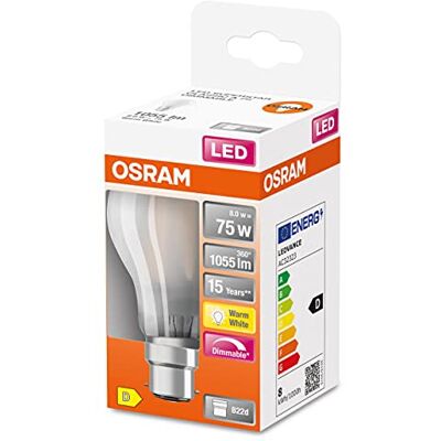 OSRAM Dimbar LED-lampa med B22d-sockel, varmvitt (2700K), klassisk glödlampsform, 8W, frostat glas, ersättning för konventionell 75W glödlampa, 6 st. OSRAM Dimbar LED-lampa med B22d-sockel, varmvitt (2700K), klassisk glödlampsform, 8W, frostat glas, ersättning för konventionell 75W glödlampa, 6 st.