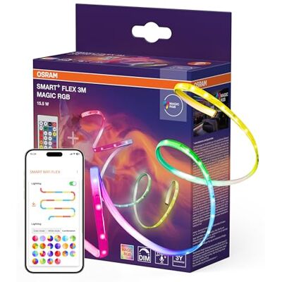 OSRAM SMART+ WIFI FLEX 5M LED-list, vit, 22W, 500lm, dimbar, dynamisk Magic RGB-effekt, individuellt val av ljusfärg, styrbar med app, lång livslängd, enkel installation, IP20 OSRAM SMART+ WIFI FLEX 5M LED-list, vit, 22W, 500lm, dimbar, dynamisk Magic RGB-effekt, individuellt val av ljusfärg, styrbar med app, lång livslängd, enkel installation, IP20