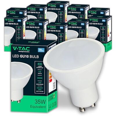 V-TAC 10x GU10-4,5W LED-lampor (35W motsvarande) 400 lumen GU10 LED-strålkastare för maximal effektivitet och energibesparing 4 000 K neutral vit V-TAC 10x GU10-4,5W LED-lampor (35W motsvarande) 400 lumen GU10 LED-strålkastare för maximal effektivitet och energibesparing 4 000 K neutral vit
