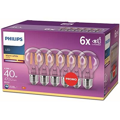 Philips LED-klassisk ersätter 40 W, E27, A60, 6-pack, varmvit (2 700 Kelvin), 470 lumen, klar Philips LED-klassisk ersätter 40 W, E27, A60, 6-pack, varmvit (2 700 Kelvin), 470 lumen, klar