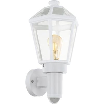 EGLO Vägglampa utomhus Monselice, vägglykta lykta, utomhusbelysning med rörelsesensor och dag-natt-sensor, plast vit, glas vit klar, E27-sockel, IP44 EGLO Vägglampa utomhus Monselice, vägglykta lykta, utomhusbelysning med rörelsesensor och dag-natt-sensor, plast vit, glas vit klar, E27-sockel, IP44