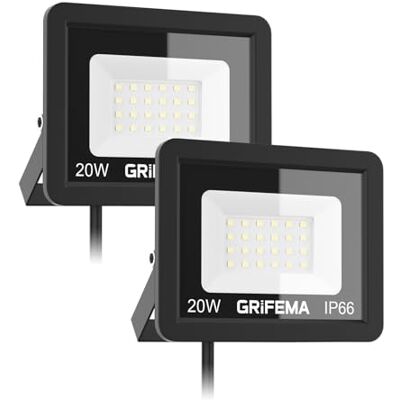 GRIFEMA 2 st LED-spotlight utomhus 20 W, 24 lysdioder, 2 200 LM, IP66, vattentät, 6500K kall vit väggbelysning för trädgård, terrass, garage och säkerhet GRIFEMA 2 st LED-spotlight utomhus 20 W, 24 lysdioder, 2 200 LM, IP66, vattentät, 6500K kall vit väggbelysning för trädgård, terrass, garage och säkerhet