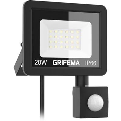 GRIFEMA 20 W, 2 200 LM, justerbar rörelsedetektor, 6 500K, kall vit, IP66, vattentät, säkerhetsbelysning för trädgård, garage, uteplats och entré GRIFEMA 20 W, 2 200 LM, justerbar rörelsedetektor, 6 500K, kall vit, IP66, vattentät, säkerhetsbelysning för trädgård, garage, uteplats och entré