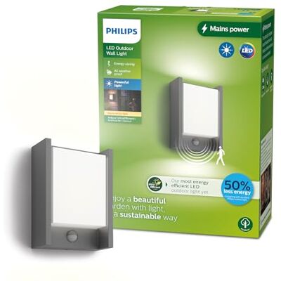 Philips Arbour UltraEfficient utomhusvägglampa, 3,8 W, 2700 K, antracit, rörelsesensor, IP44 väderbeständig Philips Arbour UltraEfficient utomhusvägglampa, 3,8 W, 2700 K, antracit, rörelsesensor, IP44 väderbeständig