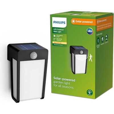Philips Shroud solcellsdriven vägglampa för utomhusbruk, 2,3 W, 2700 K, svart, klarglas, rörelsesensor, IP44-vädertätning Philips Shroud solcellsdriven vägglampa för utomhusbruk, 2,3 W, 2700 K, svart, klarglas, rörelsesensor, IP44-vädertätning