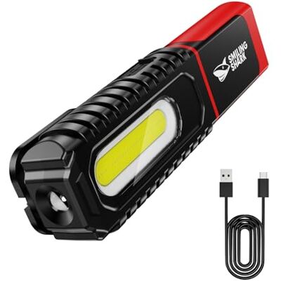 Smiling Shark LED-arbet batteri, arbet USB uppladdningsbar 6 lägen, ljus, bärbara lampor, verkstad med 360° magnetisk bas och krok för arbete bil, reparation, camping (1 förpackning) Smiling Shark LED-arbet batteri, arbet USB uppladdningsbar 6 lägen, ljus, bärbara lampor, verkstad med 360° magnetisk bas och krok för arbete bil, reparation, camping (1 förpackning)